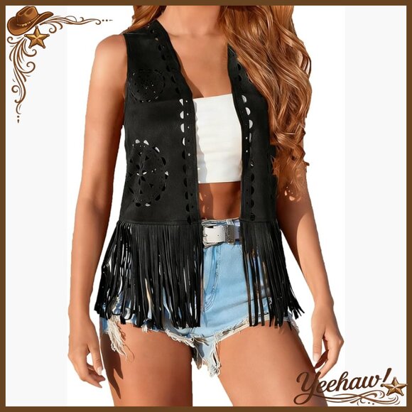 Jackets & Blazers - Faux Suede Fringe Vest Open Front Western Tassels 70s Boho Cardigan